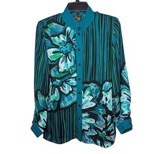 Bob Mackie Wearable Art Teal Blue Green Silk Floral Striped Button-Up Blouse XS